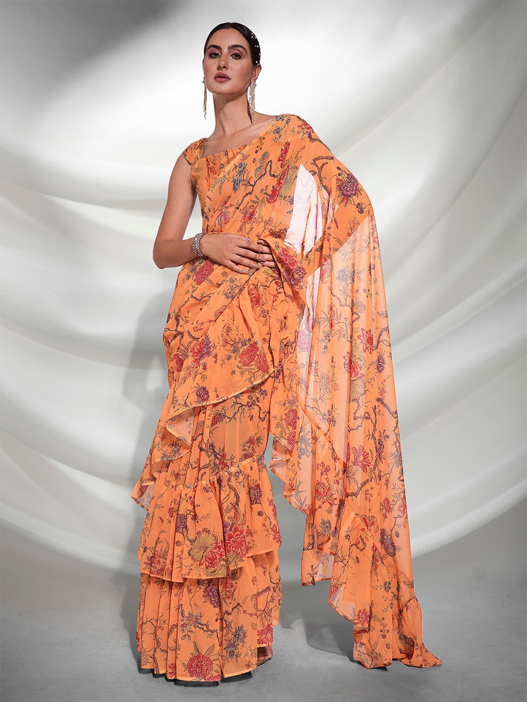 

Kalista Mustard & Red Floral Printed Ruffled Pure Georgette Saree