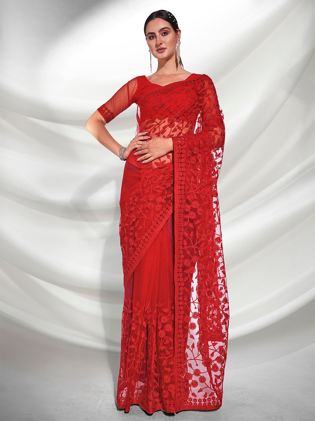

Kalista Red Floral Embroidered Net Saree