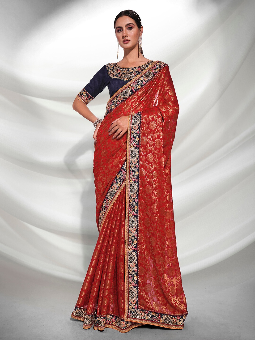 

Kalista Red & Gold-Toned Floral Woven Design Embroidered Saree