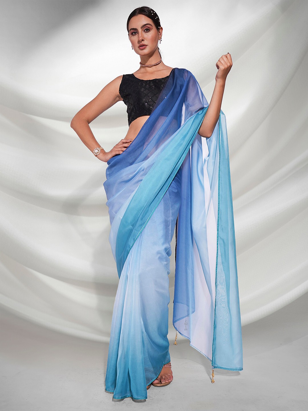 

Kalista Blue & White Ombre Organza Saree