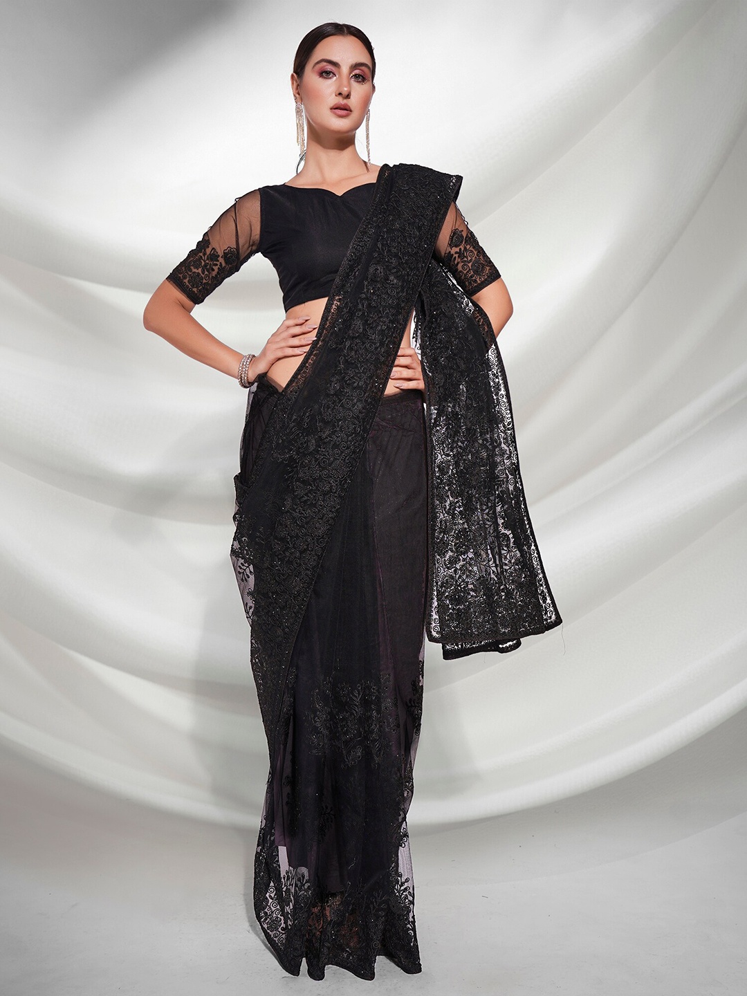 

Kalista Black Floral Embroidered Net Saree