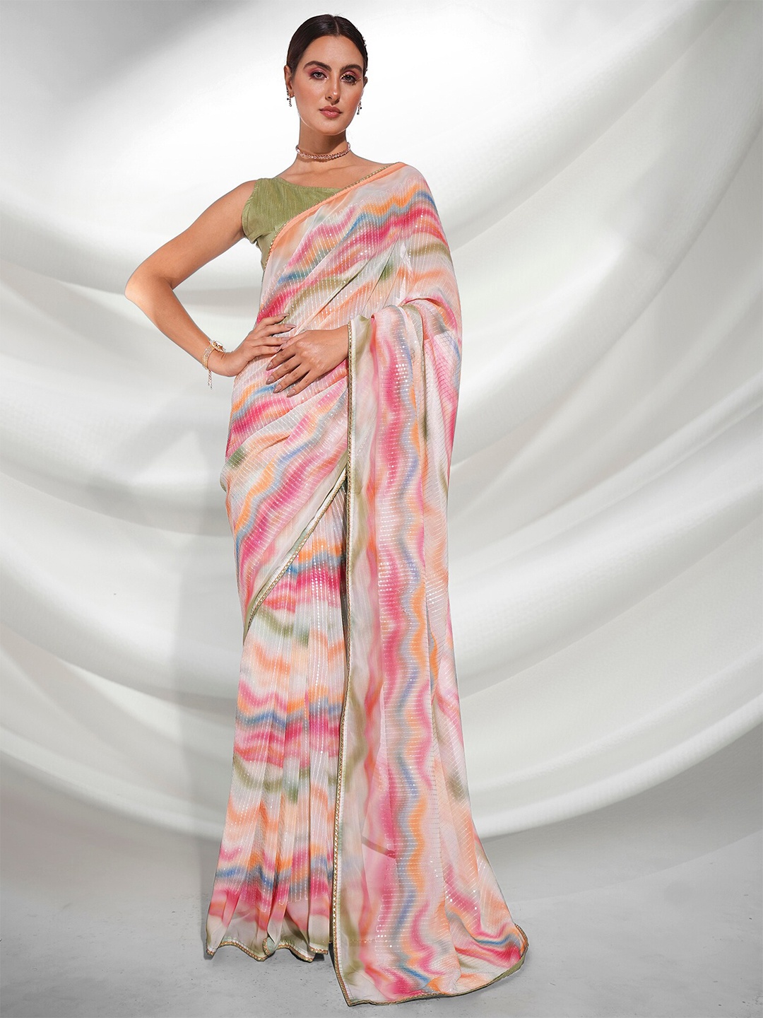 

Kalista White & Pink Abstract Printed Sequinned Pure Georgette Saree
