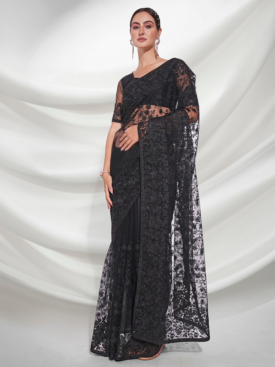 

Kalista Black Floral Embroidered Net Saree