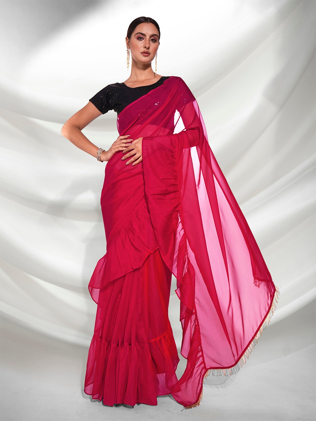 

Kalista Pink Ruffled Organza Saree