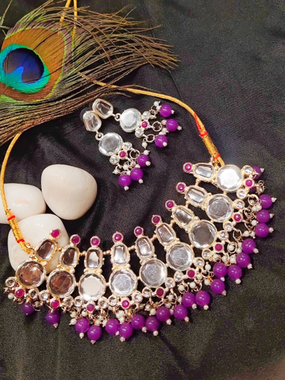 

FEMMIBELLA Gold-Plated Kundan-Studded & Beaded Jewellery Set