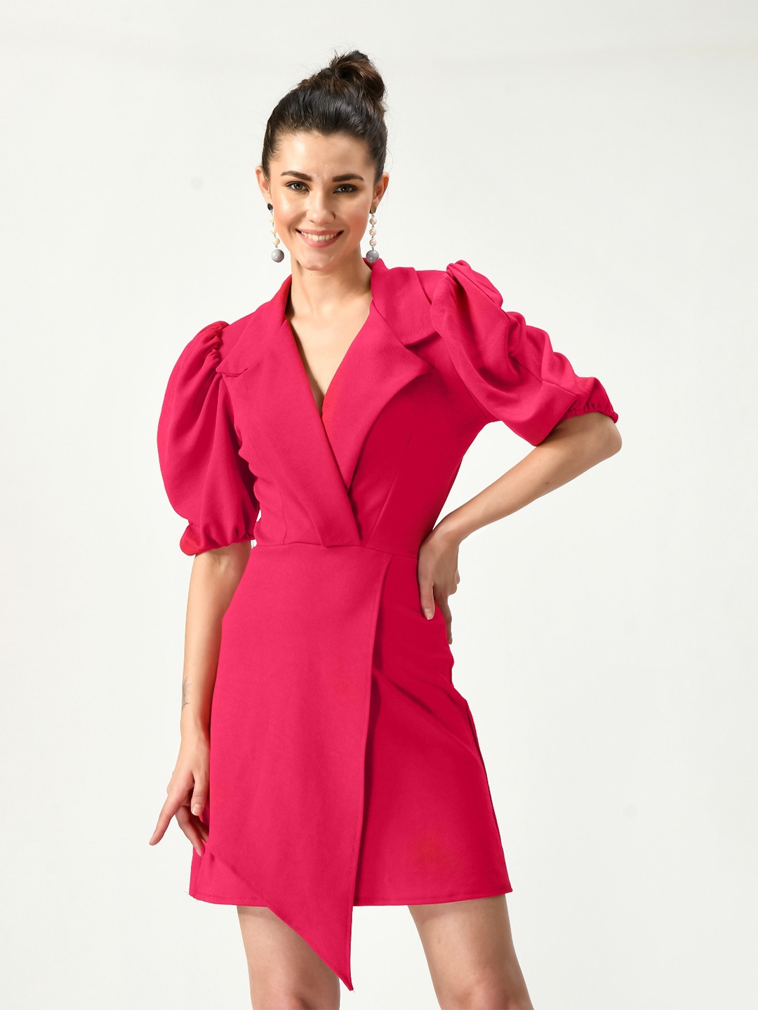 

IUGA Lapel Collar Puff Sleeve Dress, Magenta