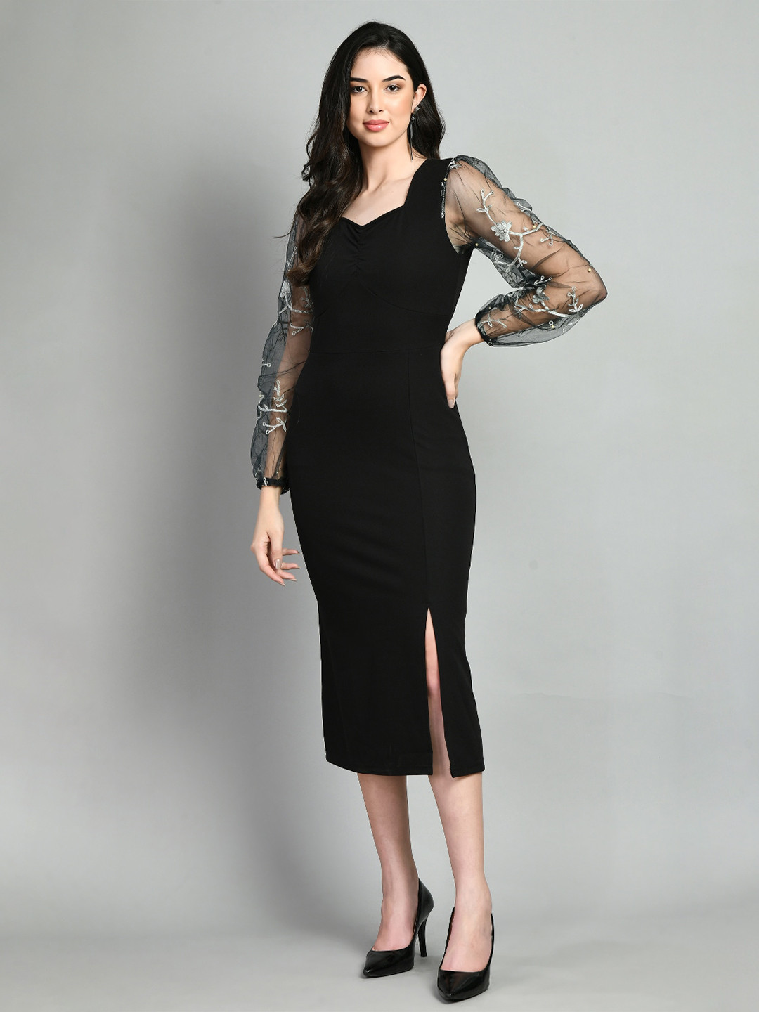 

IUGA Sweetheart Neck Bodycon Midi Dress, Black