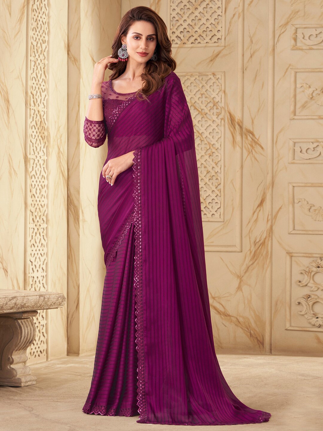 

Satrani Violet Striped Sequined Saree