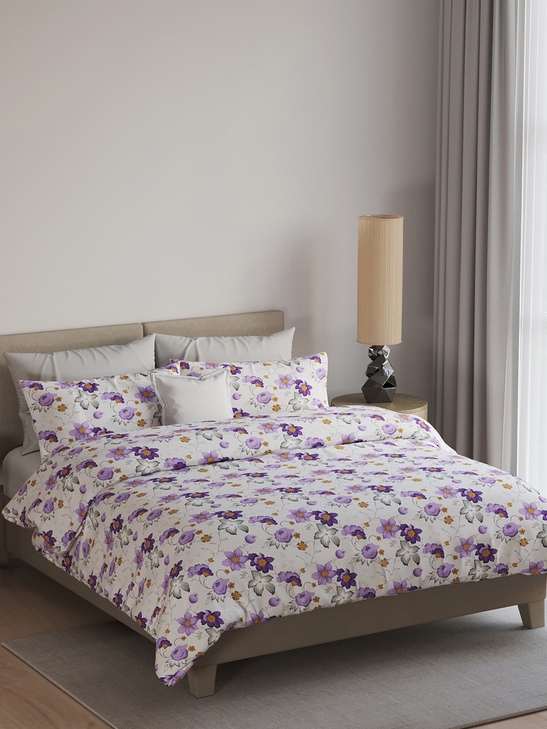 

LABHAM Easy Living White & Purple Printed 180 TC Cotton King Bedsheet & 2 Pillow Covers