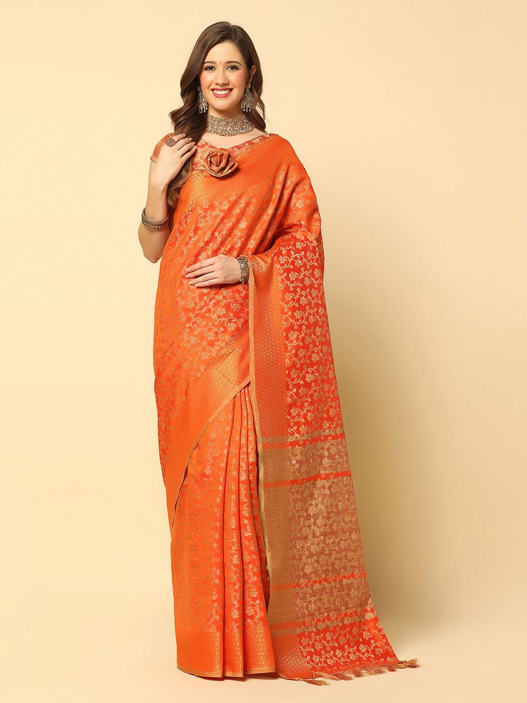 

Satrani Orange & Gold-Toned Floral Woven Design Zari Silk Cotton Banarasi Saree