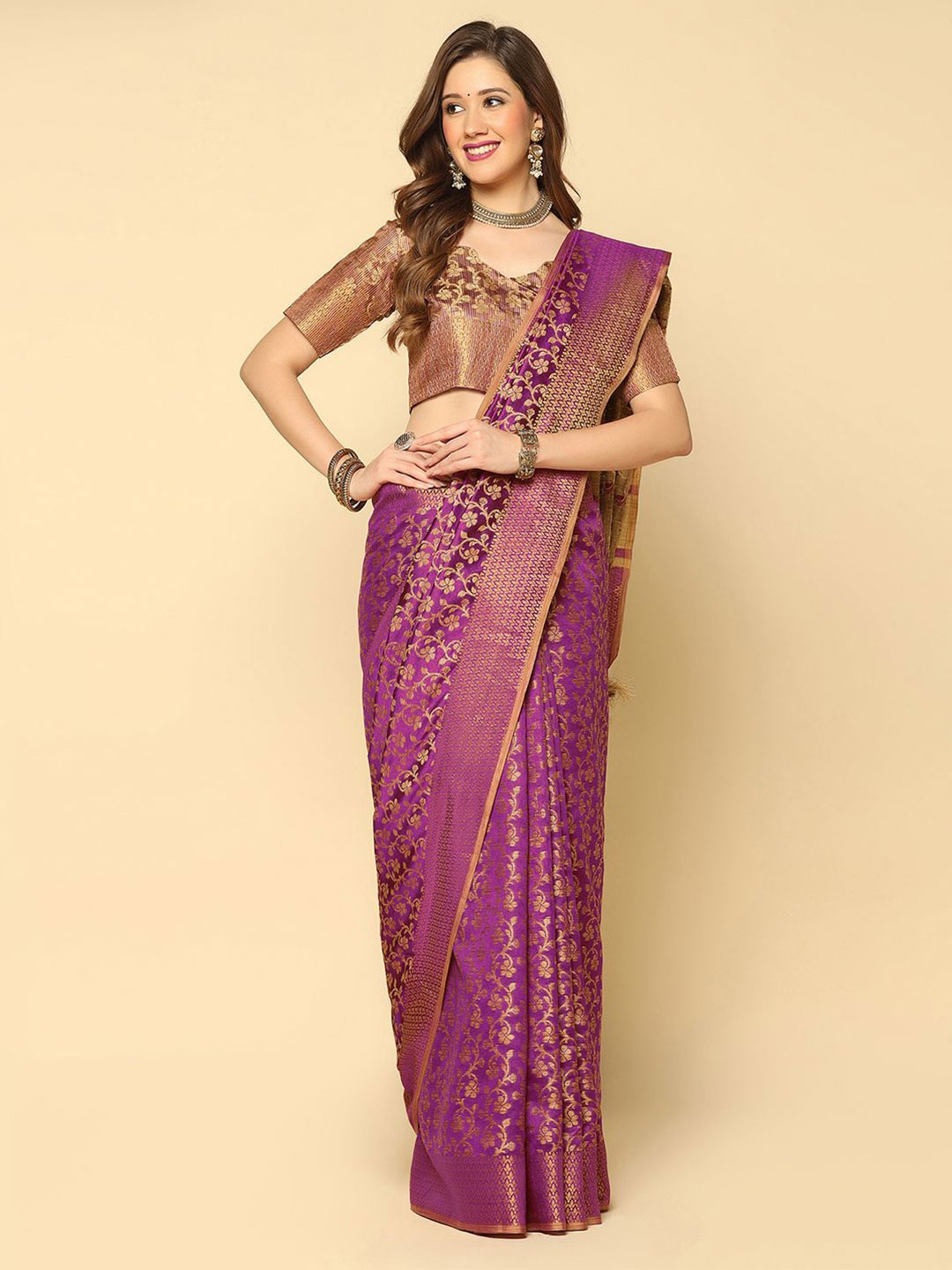 

Satrani Purple & Gold-Toned Floral Woven Design Zari Silk Cotton Banarasi Saree