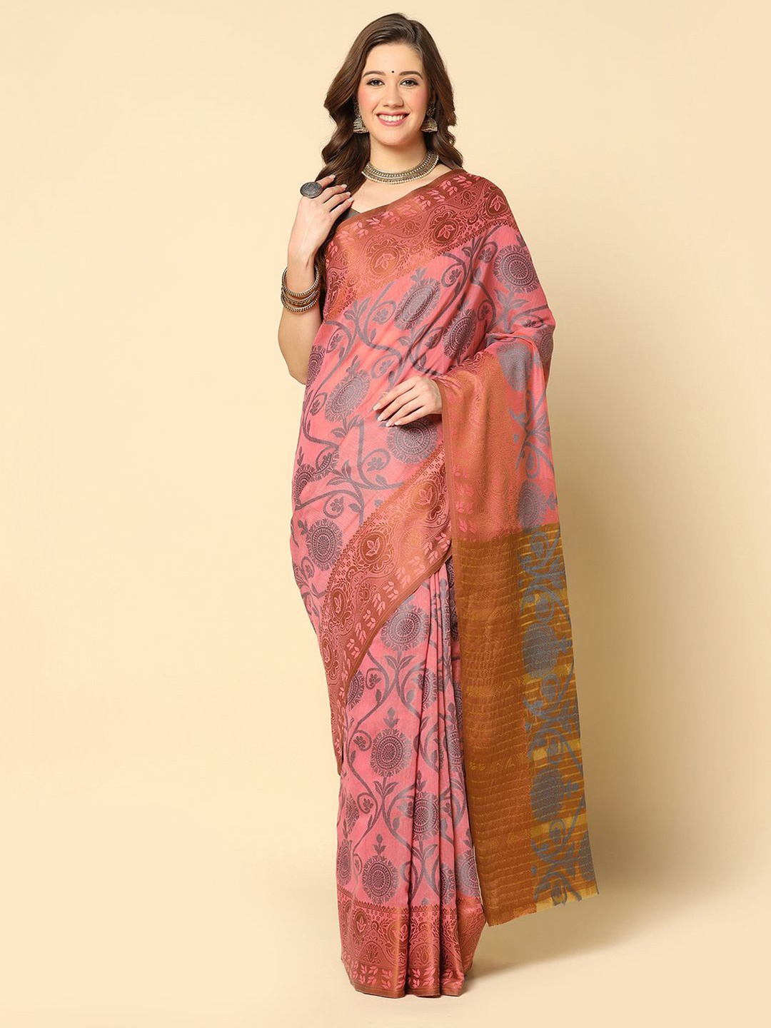 

Satrani Pink & Grey Ethnic Motif Woven Design Zari Silk Cotton Banarasi Saree