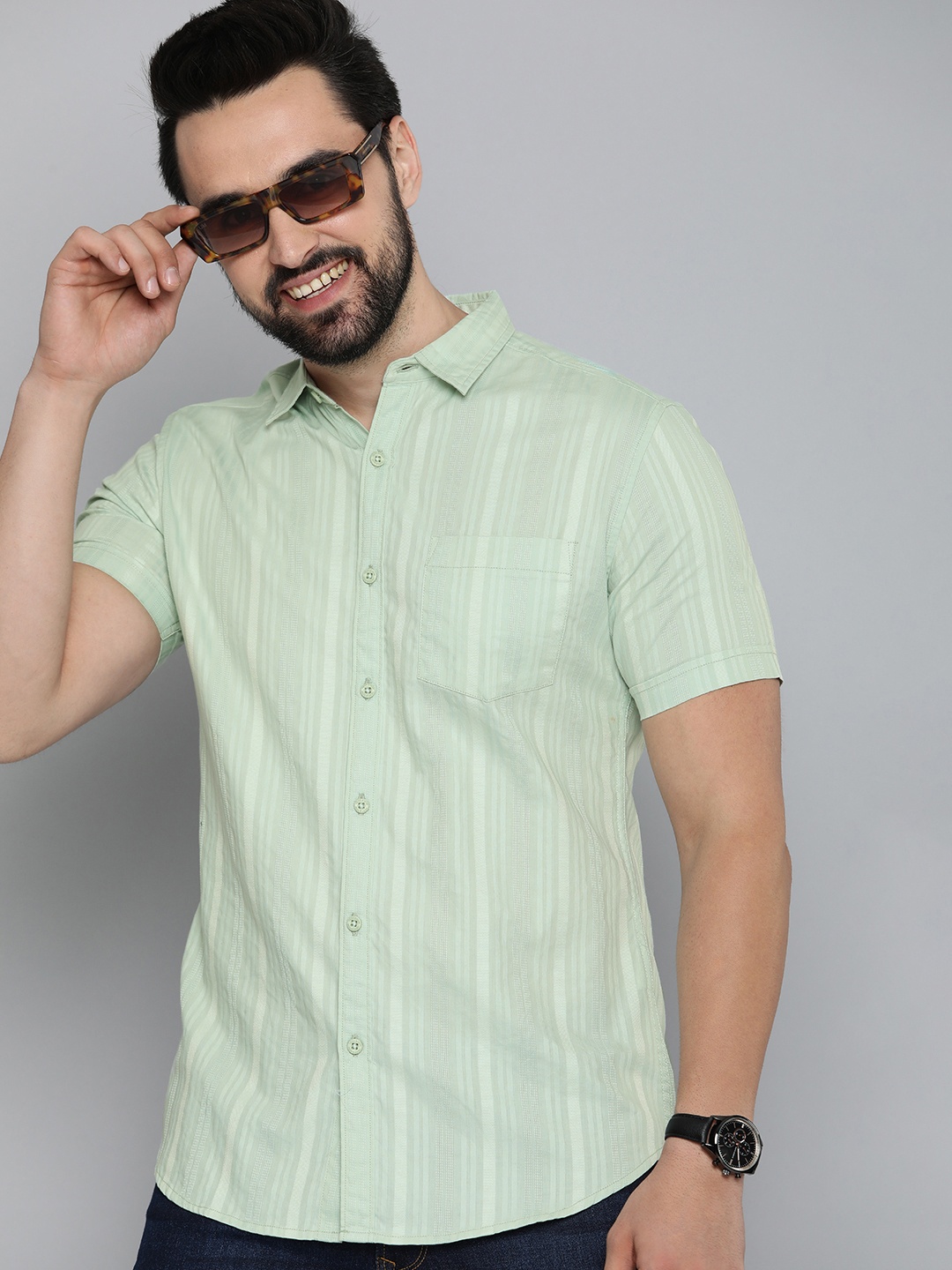 

HERE&NOW Men Slim Fit Opaque Striped Cotton Dobby Casual Shirt, Sea green