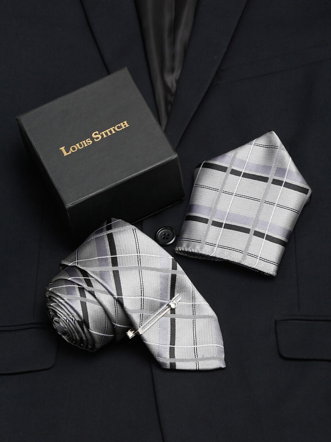 

LOUIS STITCH Men Italian Silk Necktie Accessory Gift Set, Grey