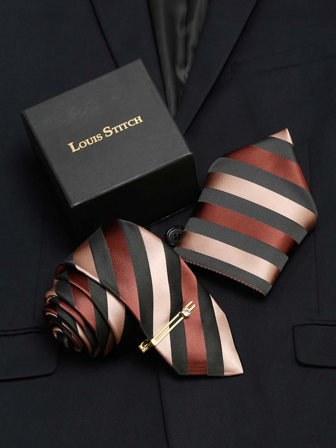 

LOUIS STITCH Men Striped Italian Silk Necktie Accessory Gift Set, Brown