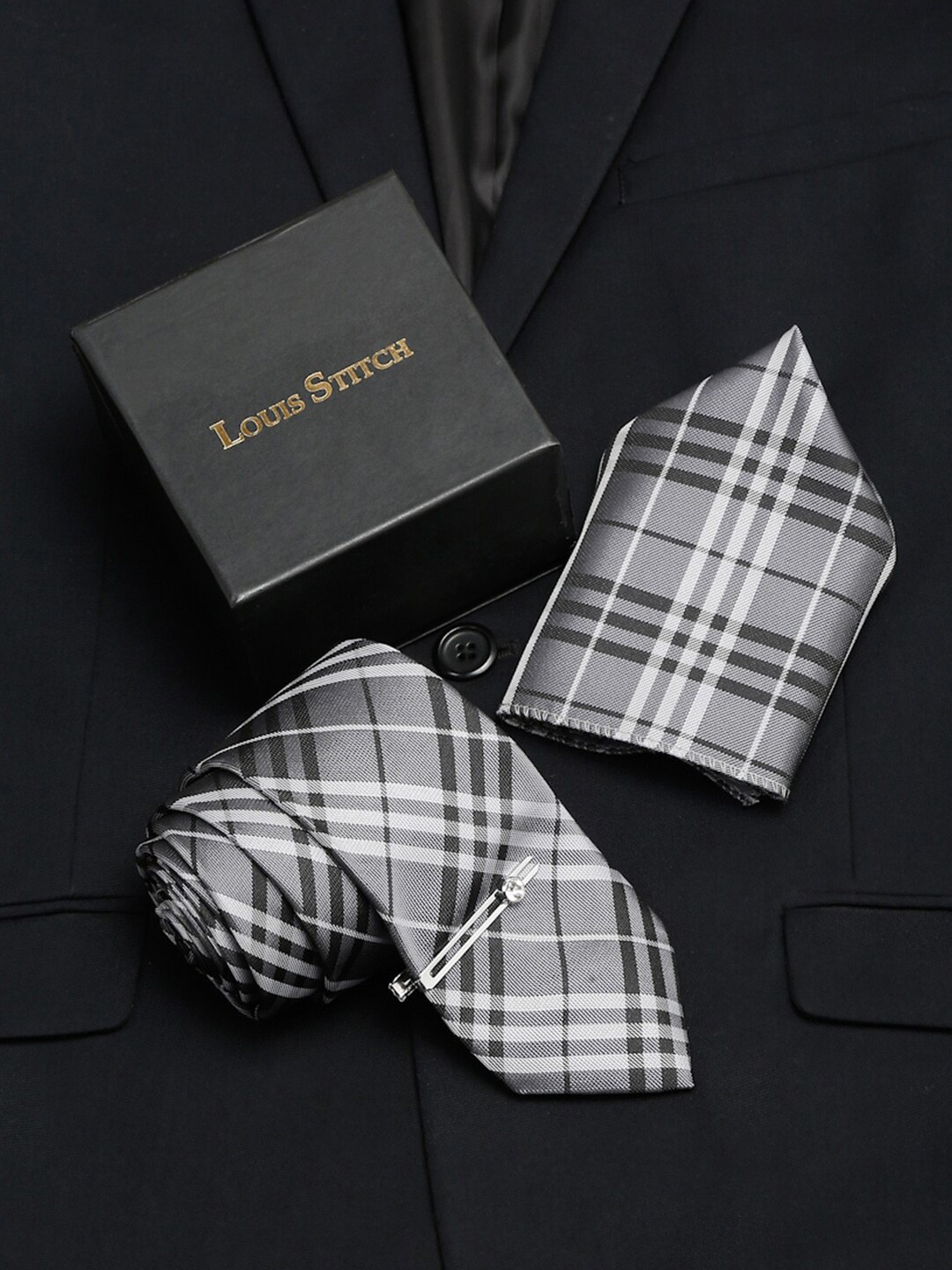 

LOUIS STITCH Men Italian Silk Necktie Accessory Gift Set, Grey