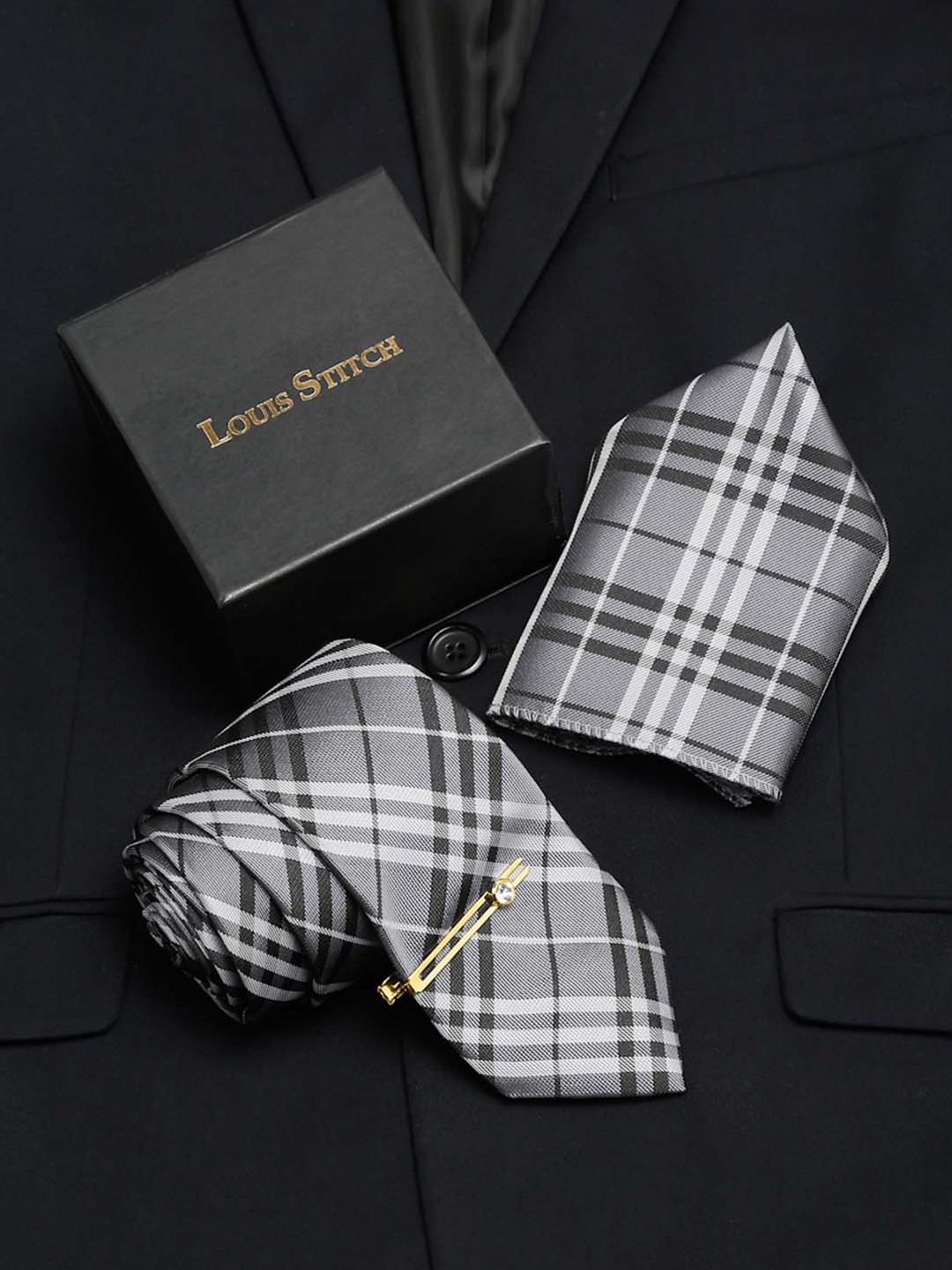 

LOUIS STITCH Men's Italian Silk Necktie Accessory Gift Set, Grey