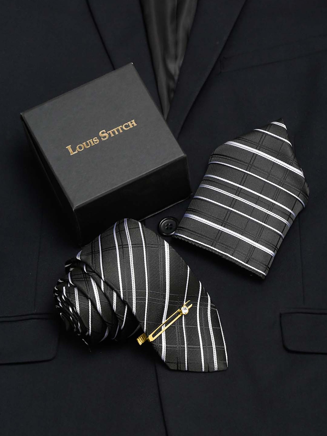 

LOUIS STITCH Men Checked Italian Silk Necktie Accessory Gift Set, Black