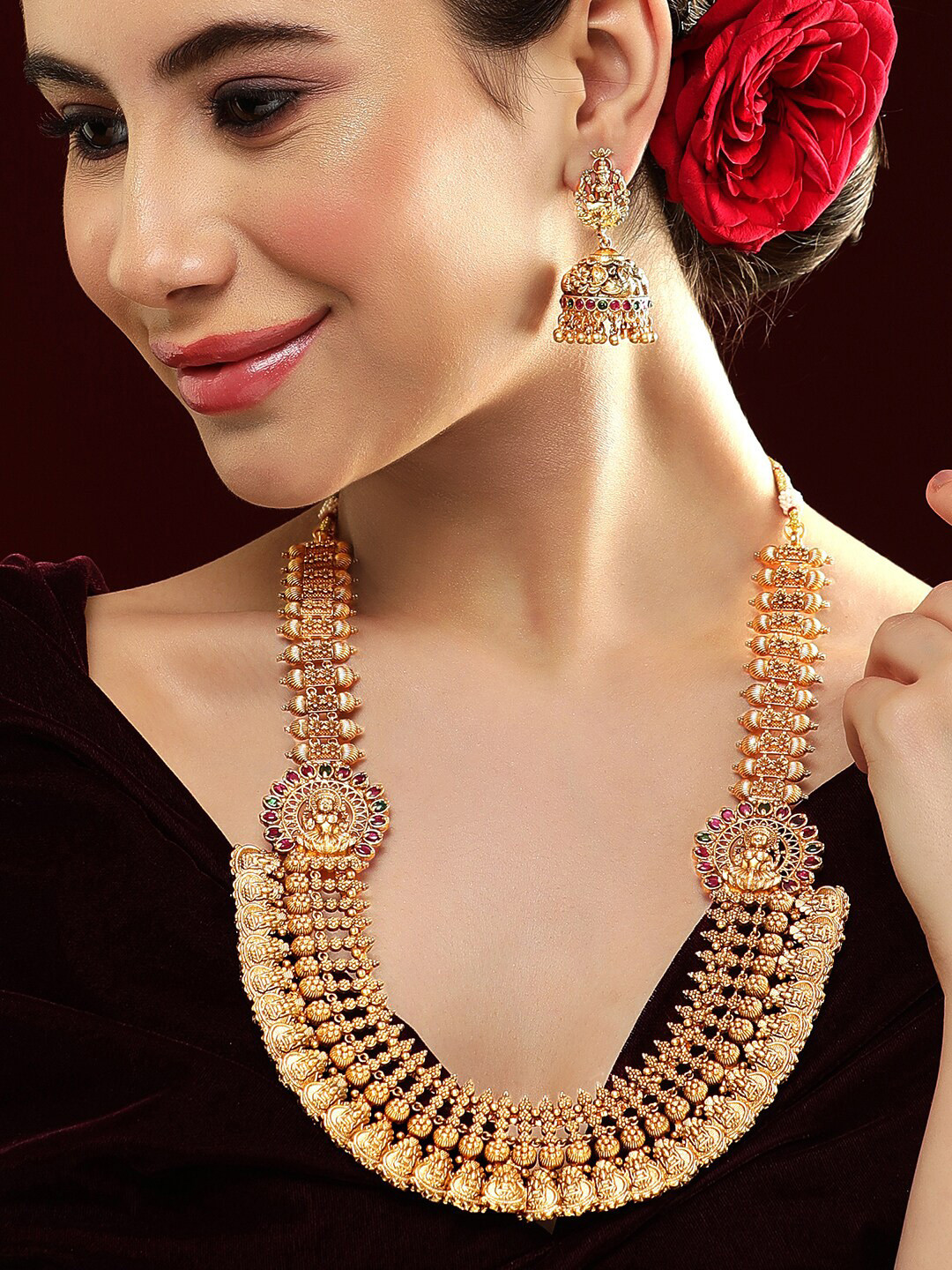 

Rubans 22K Gold-Plated Stone Studded Temple Jewellery Set