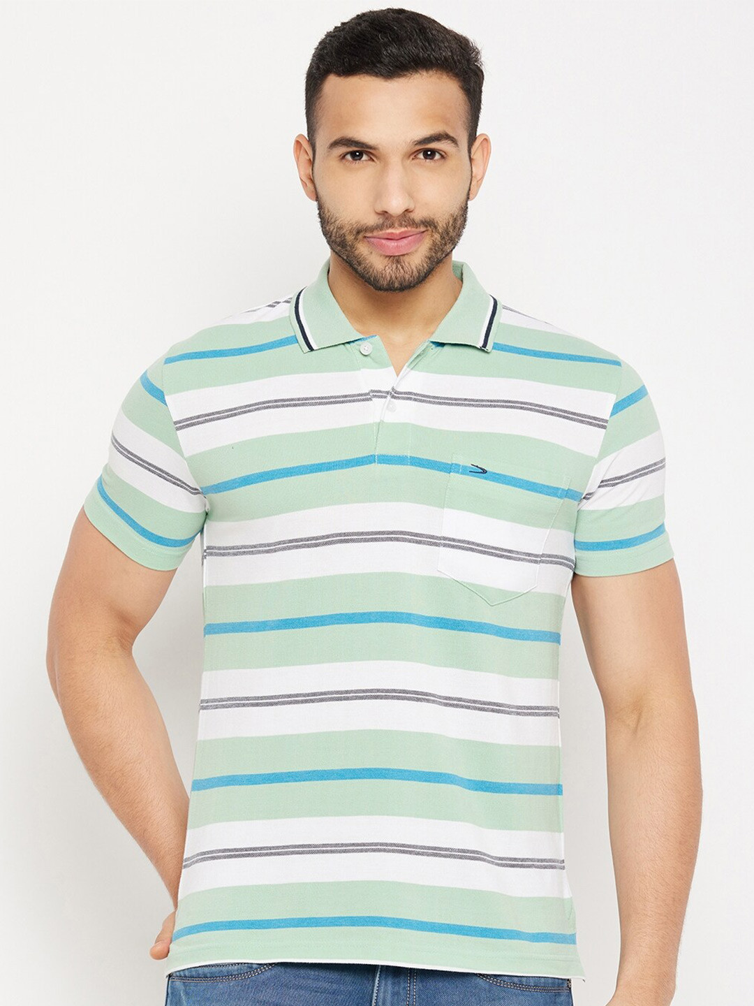 

Duke Striped Polo Collar Cotton T-shirt, Green