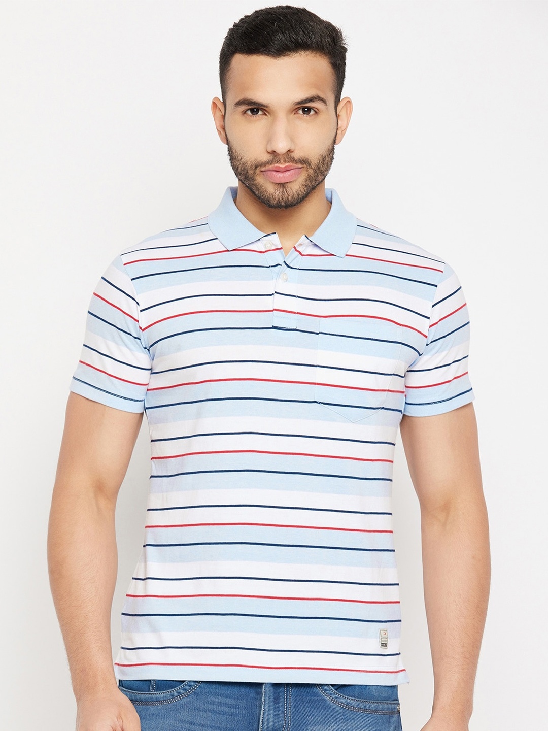 

Duke Striped Polo Collar Cotton T-shirt, White