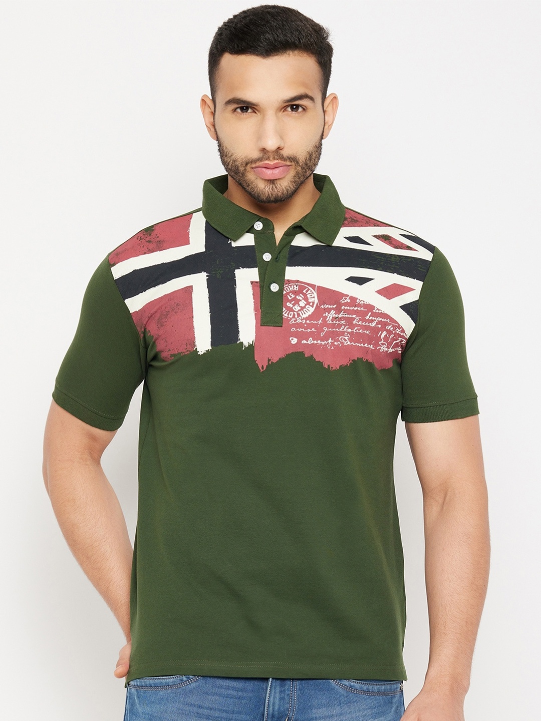 

Duke Graphic Printed Polo Collar Cotton Slim Fit T-shirt, Olive
