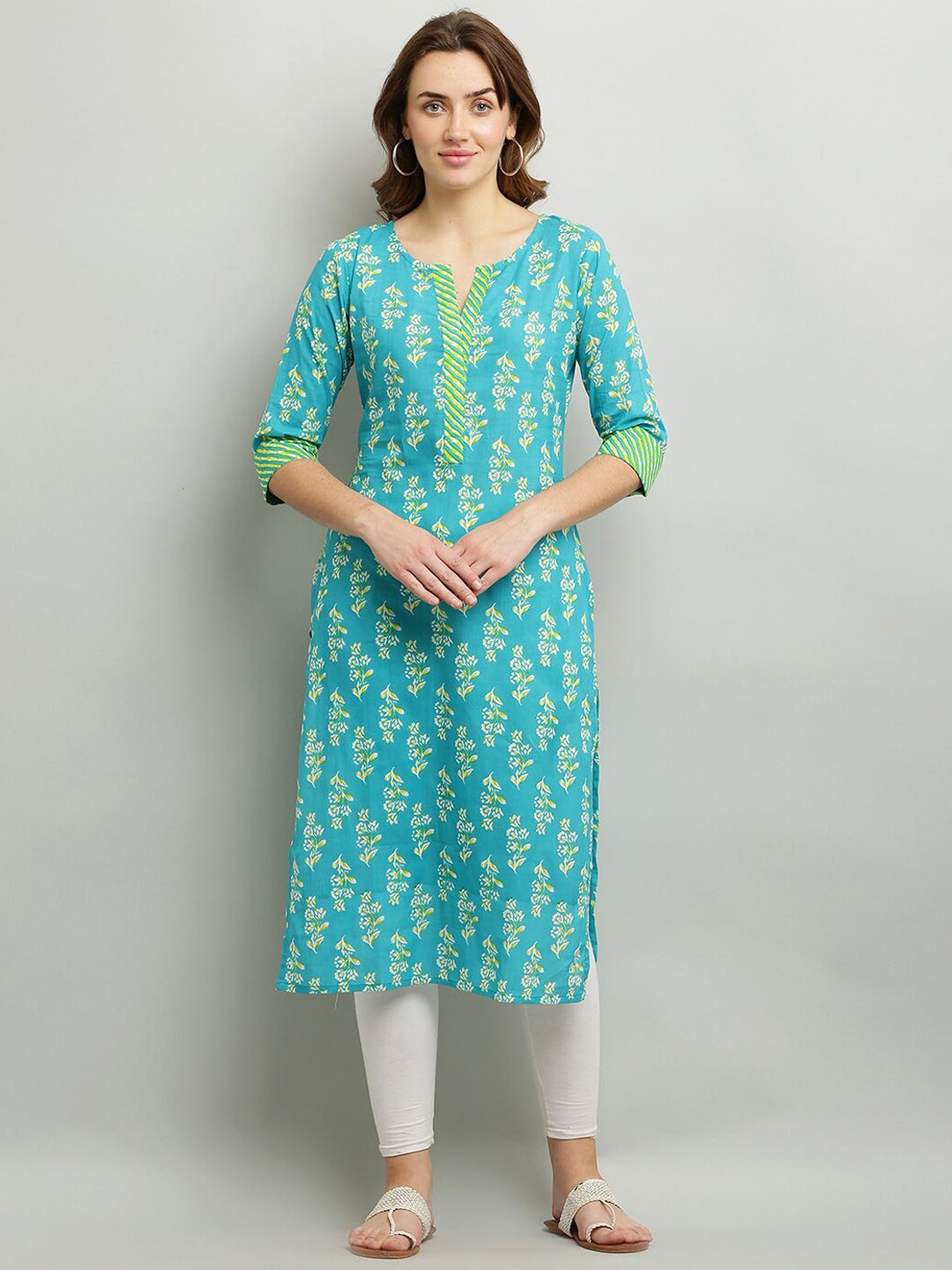

Waahiba Floral Printed Pure Cotton Kurta, Turquoise blue
