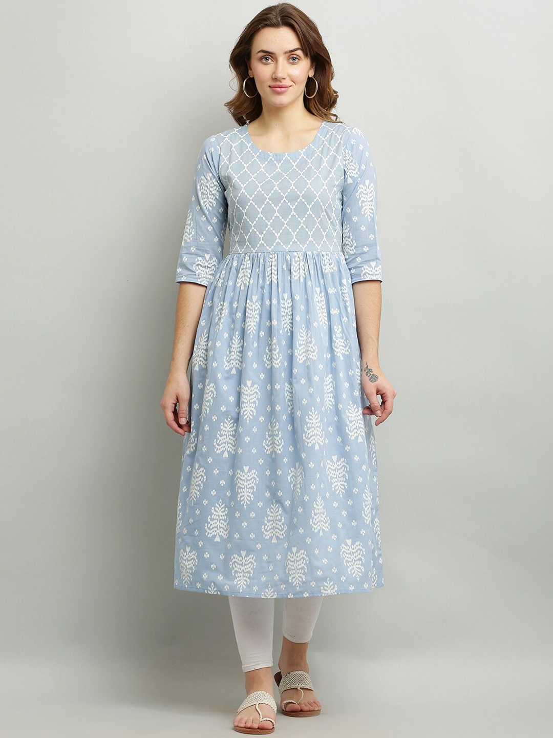 

Waahiba Ethnic Motifs Printed A-Line Pure Cotton Kurta, Blue