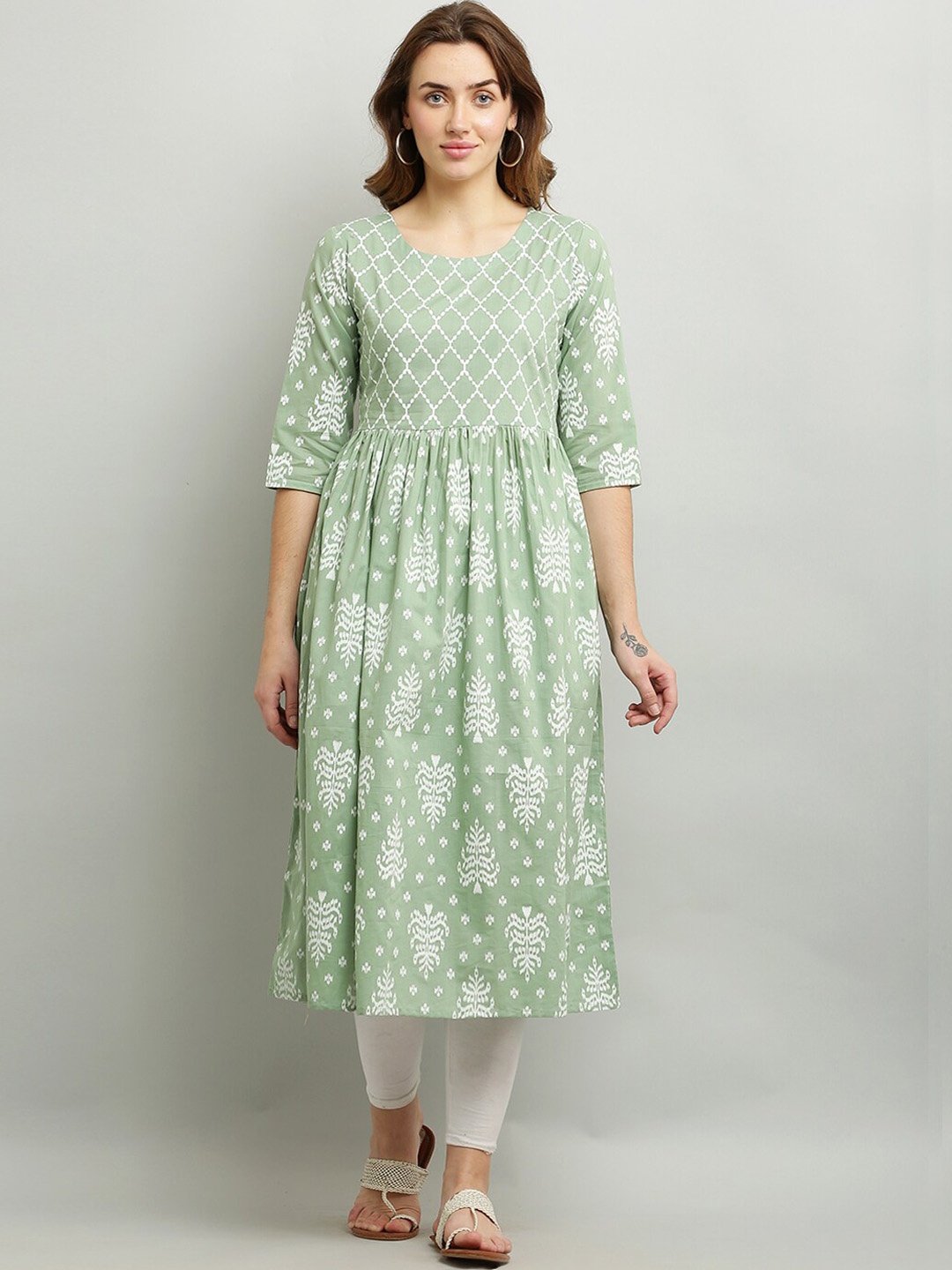 

Waahiba Ethnic Motifs Printed A-Line Pure Cotton Kurta, Green