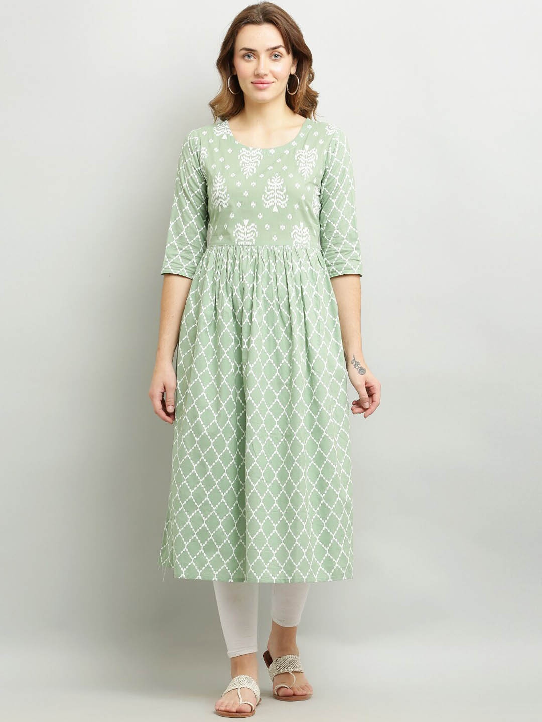 

Waahiba Ethnic Motifs Printed A-Line Pure Cotton Kurta, Green