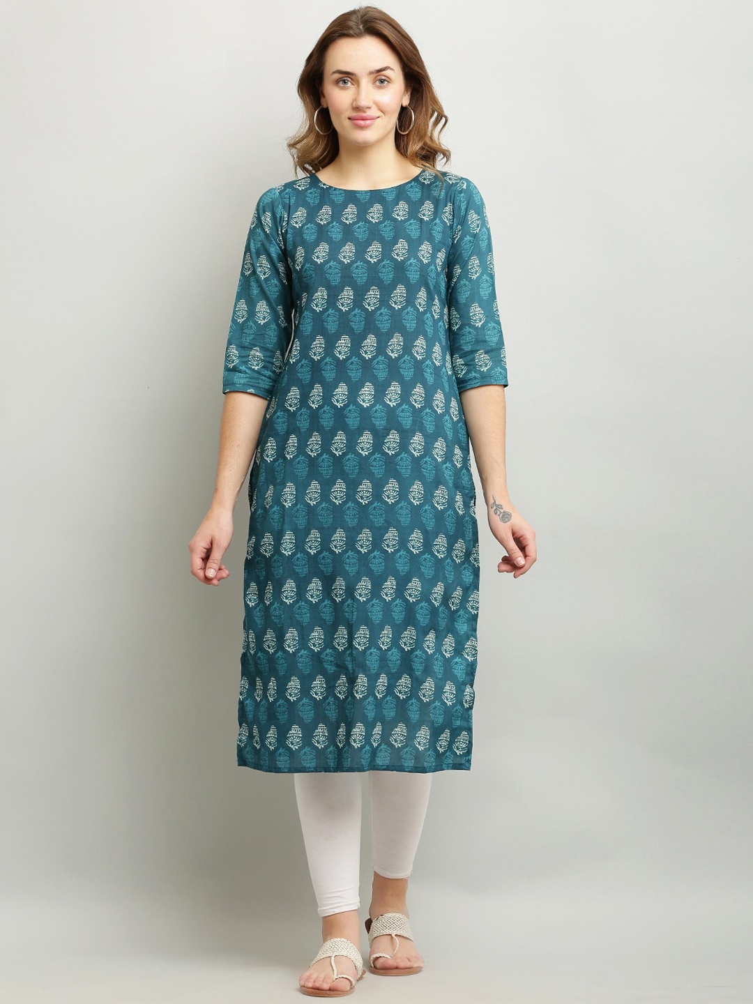 

Waahiba Ethnic Motifs Printed Pure Cotton Kurta, Teal