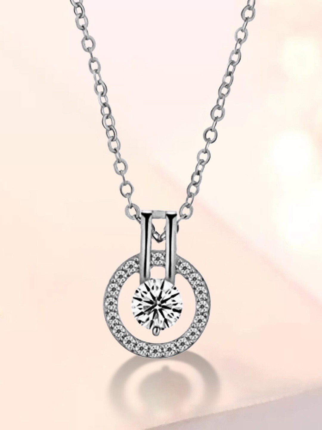 

MYKI Silver-Plated Cubic Zirconia Studded Round Pendant with Chain