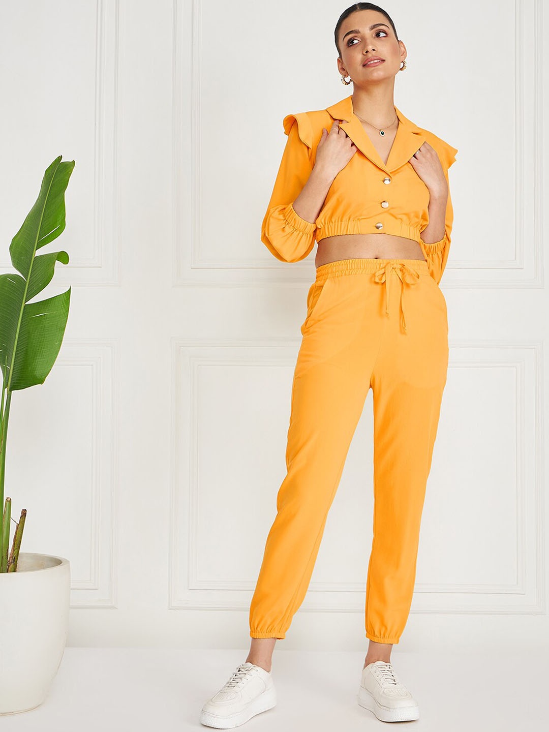 KASSUALLY Yellow Notched Collar Crop Top & Joggers