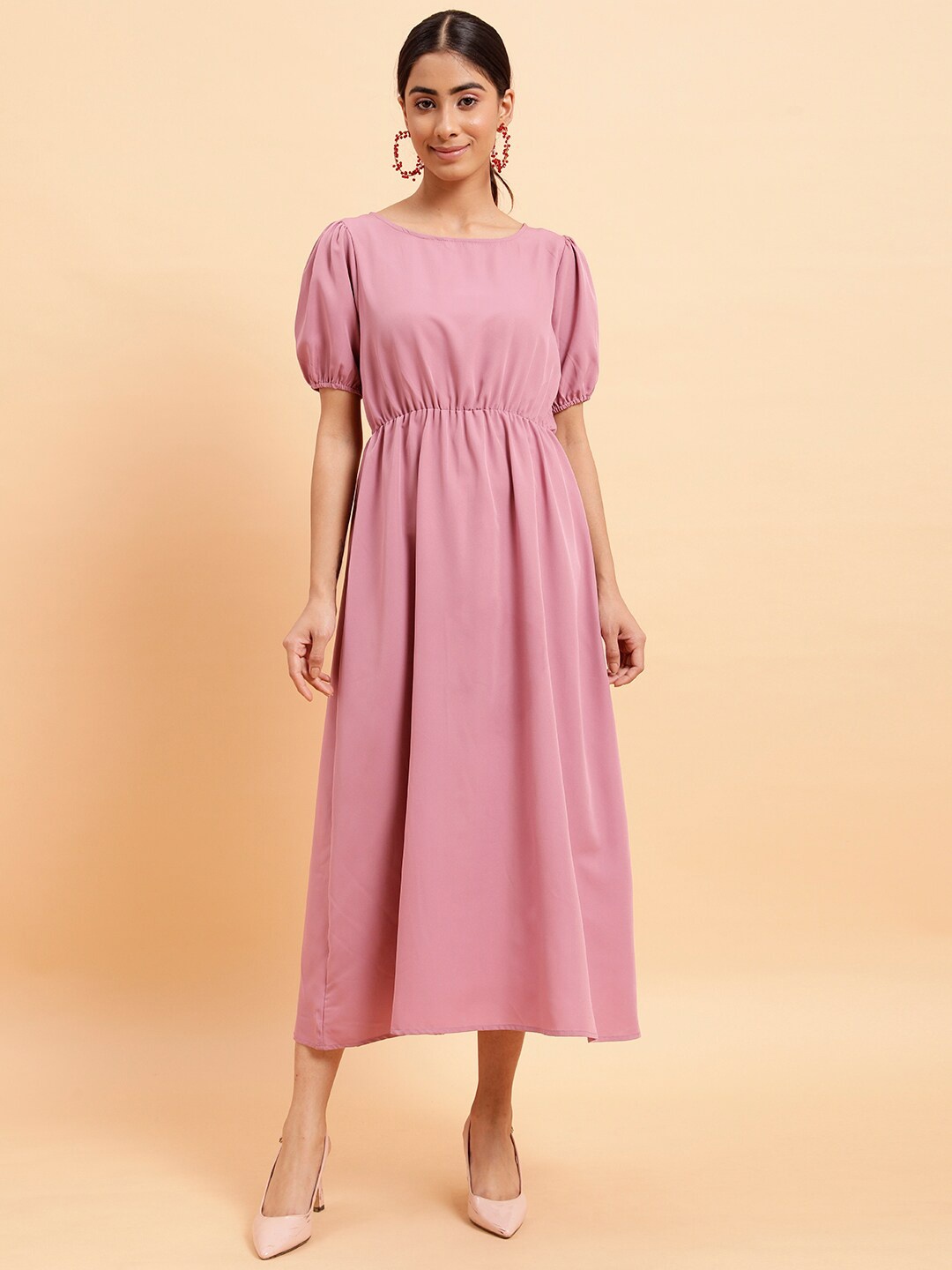 

MINT STREET Round Neck Puff Sleeves Fit & Flare Midi Dress, Mauve