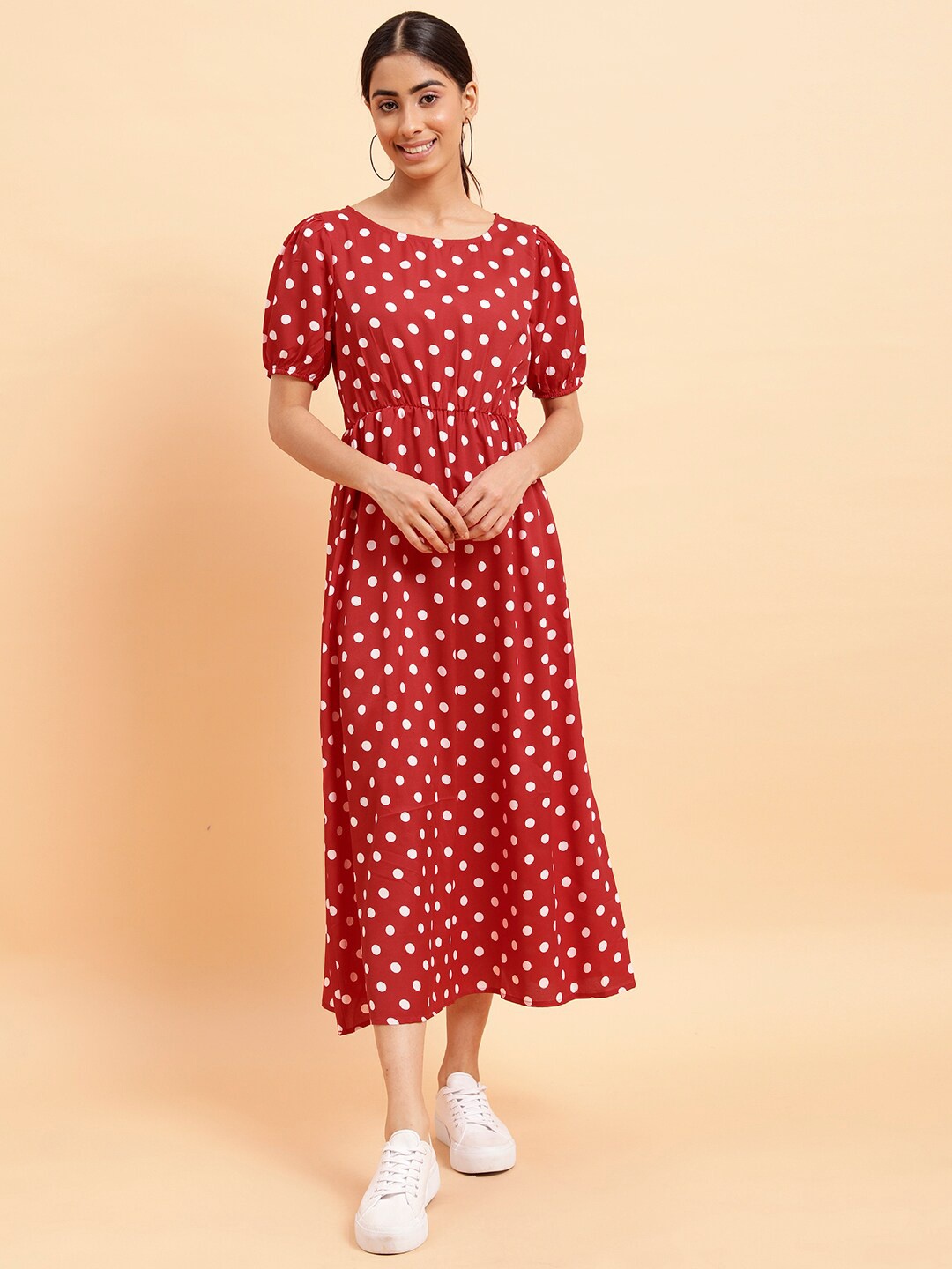 

MINT STREET Polka Dot Printed Puff Sleeves Fit & Flare Midi Dress, Red