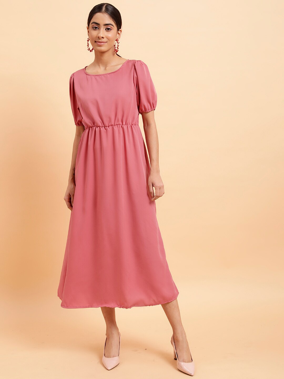 

MINT STREET Round Neck Puff Sleeves Fit & Flare Midi Dress, Pink