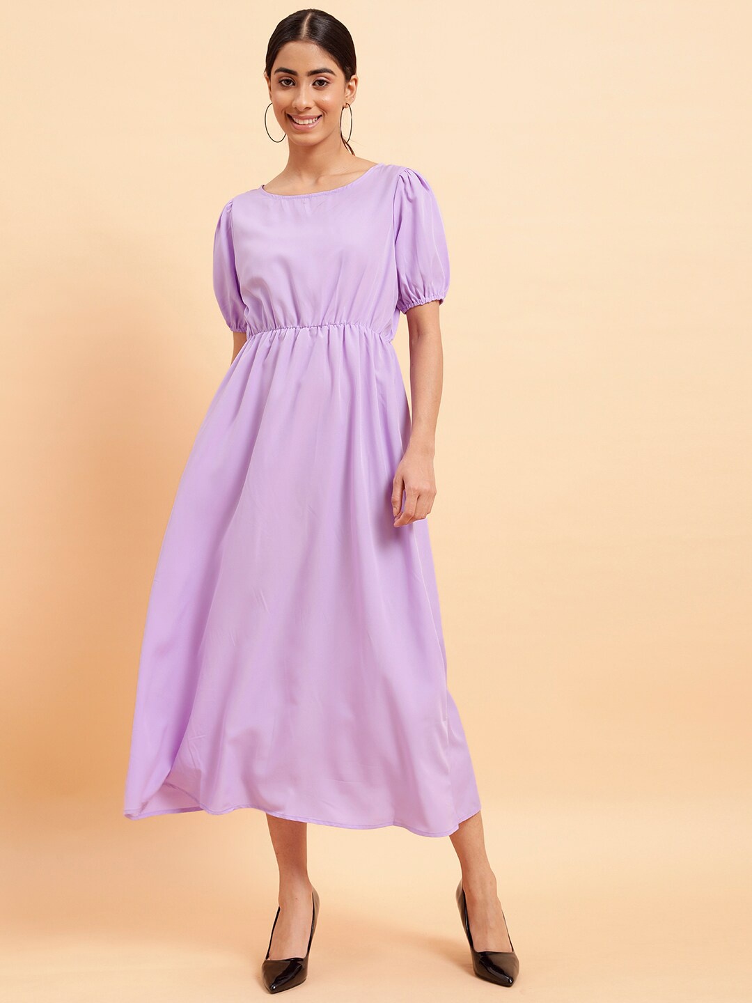 

MINT STREET Round Neck Puff Sleeves Fit & Flare Midi Dress, Lavender