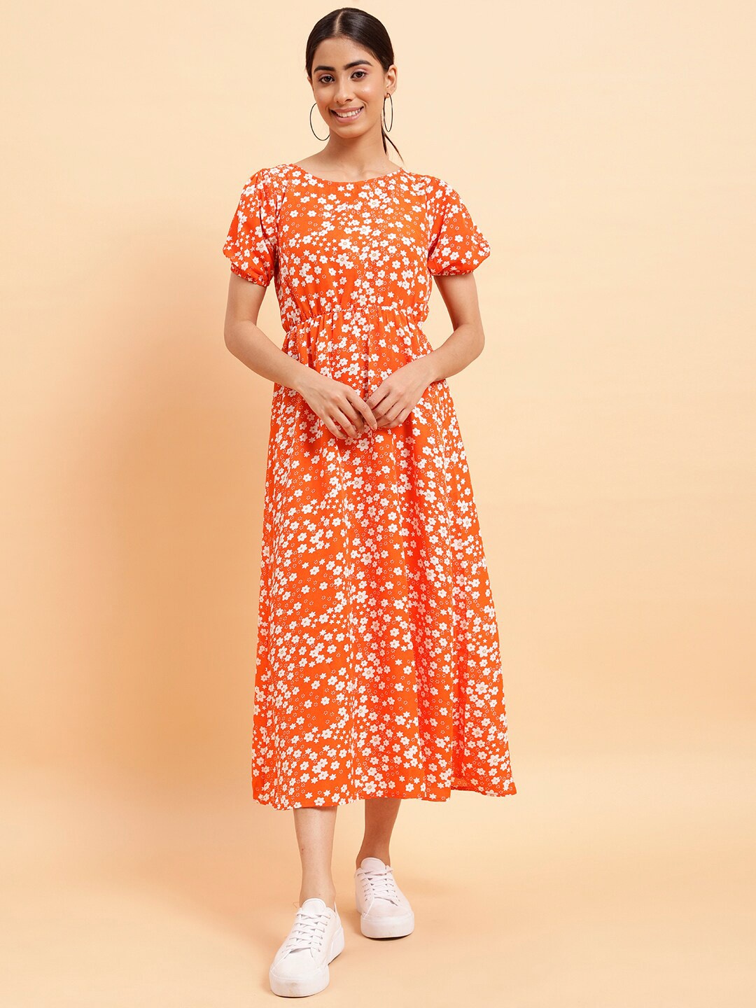 

MINT STREET Floral Printed Puff Sleeves A-Line Dress, Orange