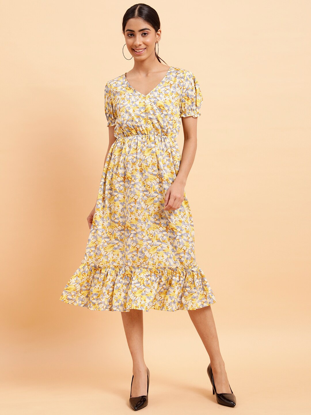 

MINT STREET Floral Printed Puff Sleeves Fit & Flare Midi Dress, Yellow