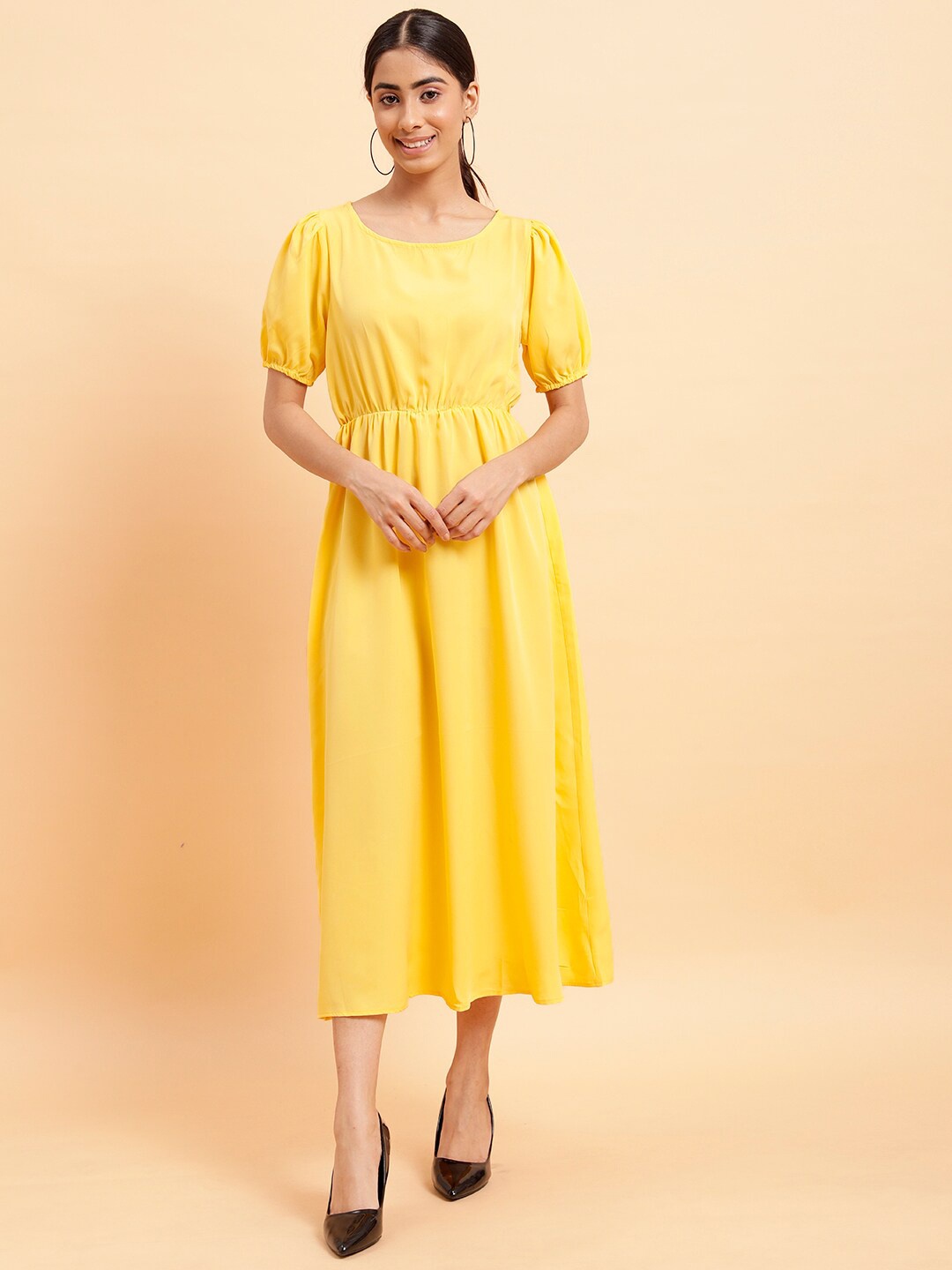 

MINT STREET Puff Sleeves Fit & Flare Midi Dress, Yellow
