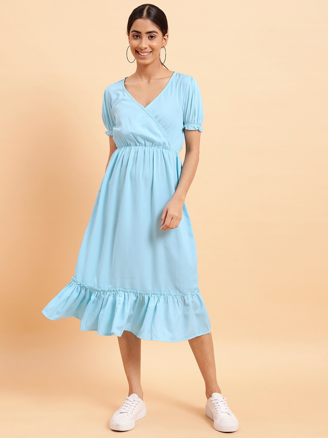 

MINT STREET V-Neck Puff Sleeves Fit & Flare Midi Dress, Turquoise blue