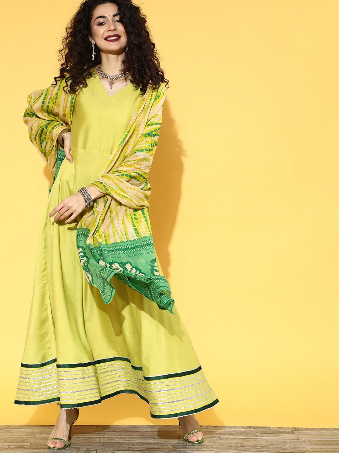 

Indo Era Green V-Neck Gotta Patti A-Line Kurta