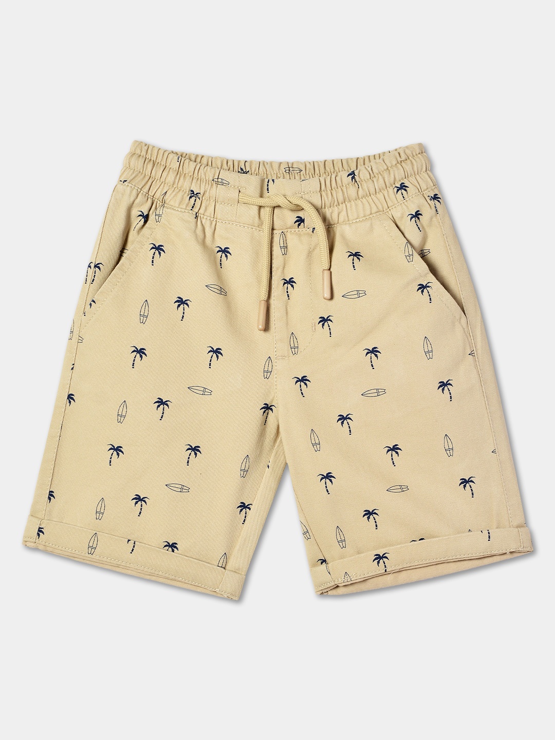 

R&B Boys Mid Rise Conversational Printed Cotton Shorts, Beige