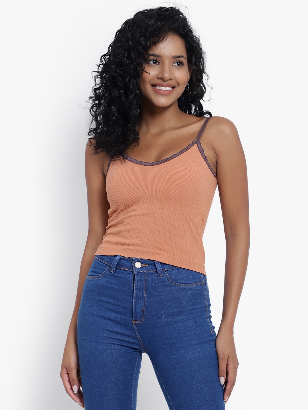 

PARKHA Ribbed Contrast Strap Padded Cotton Camisole, Orange