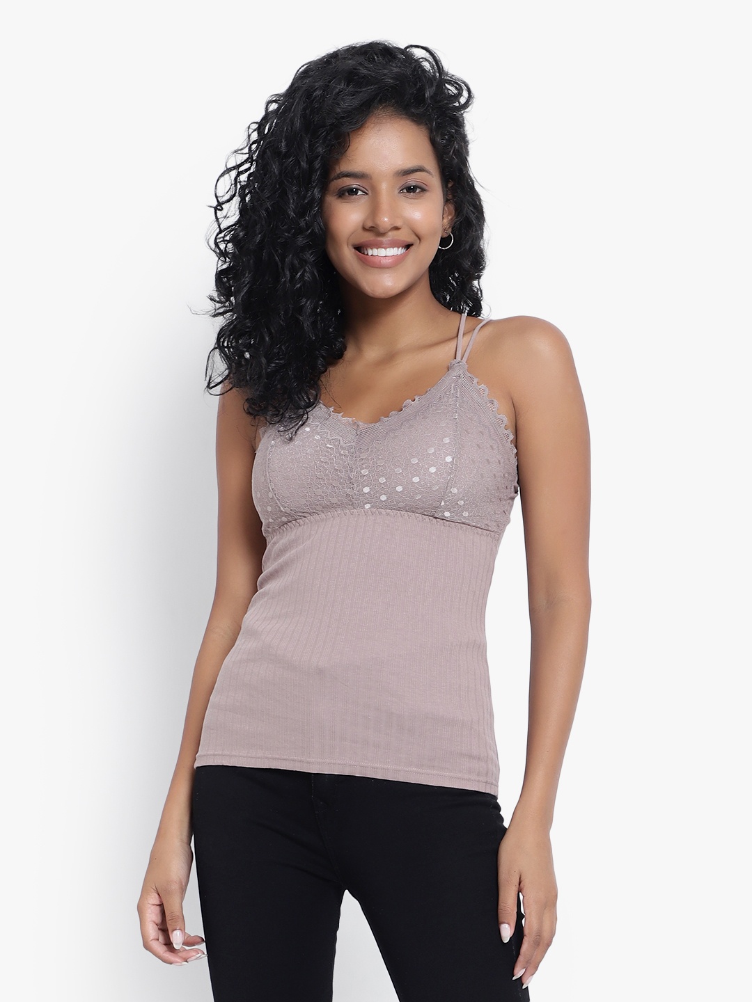 

PARKHA Ribbed Laced Padded Camisoles, Mauve