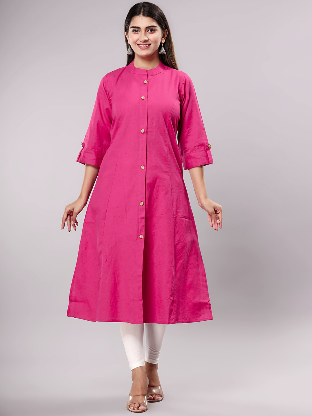 

ADORRO Mandarin Collar A-Line Cotton Kurta, Pink
