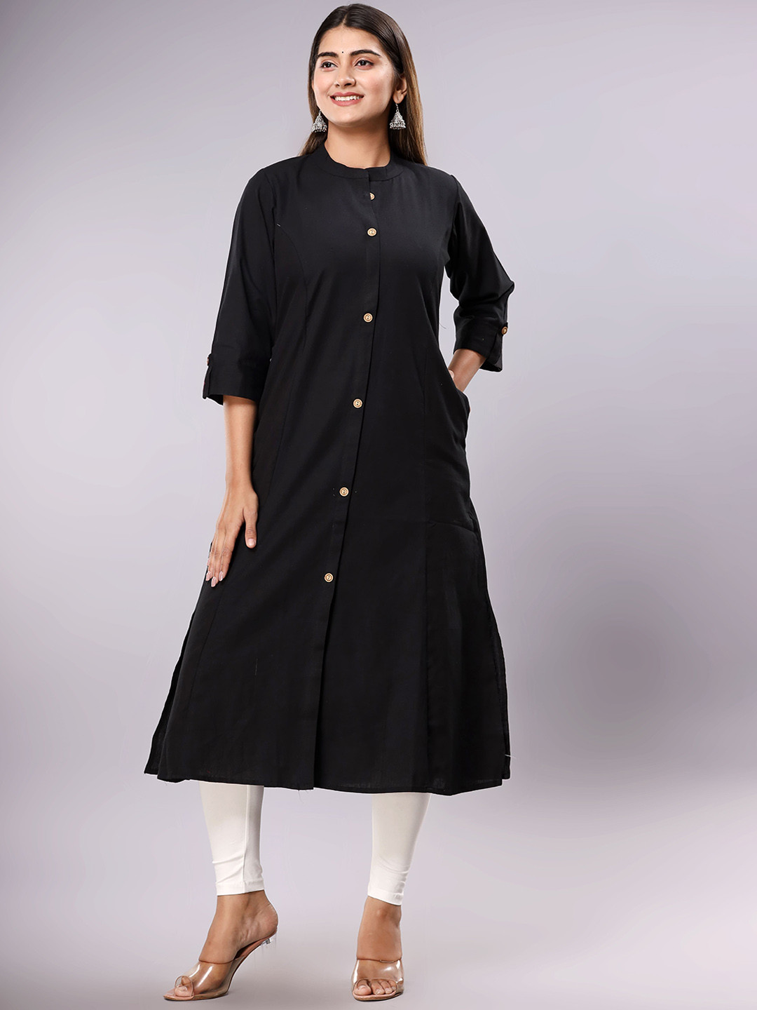 

ADORRO Mandarin Collar A-Line Cotton Kurta, Black