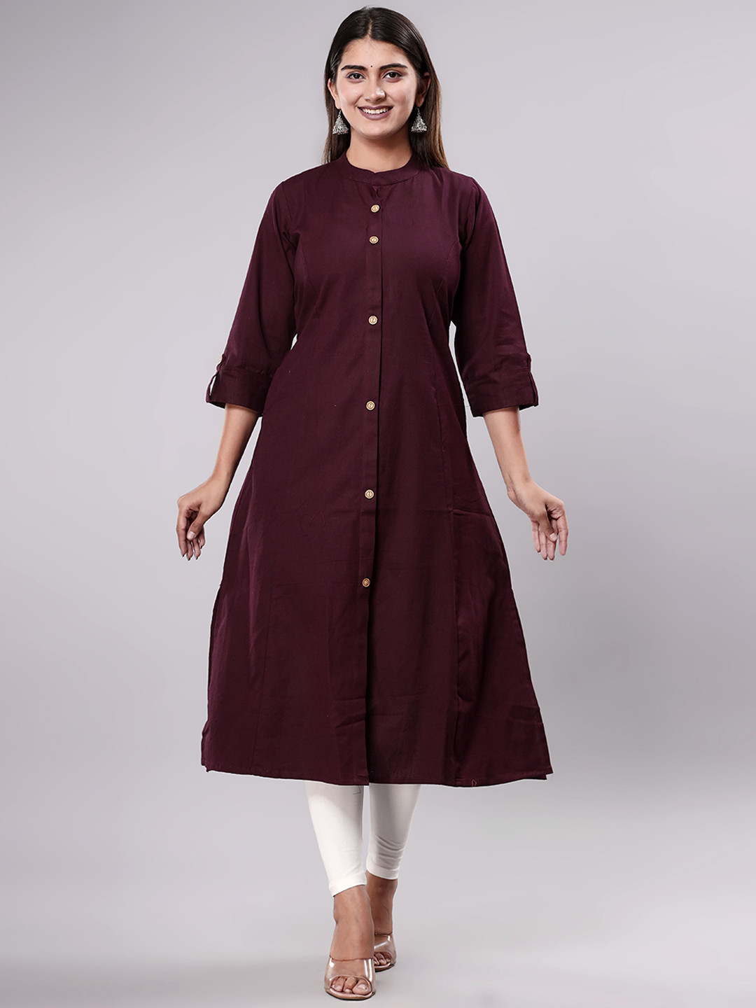 

ADORRO Mandarin Collar A-Line Cotton Kurta, Purple