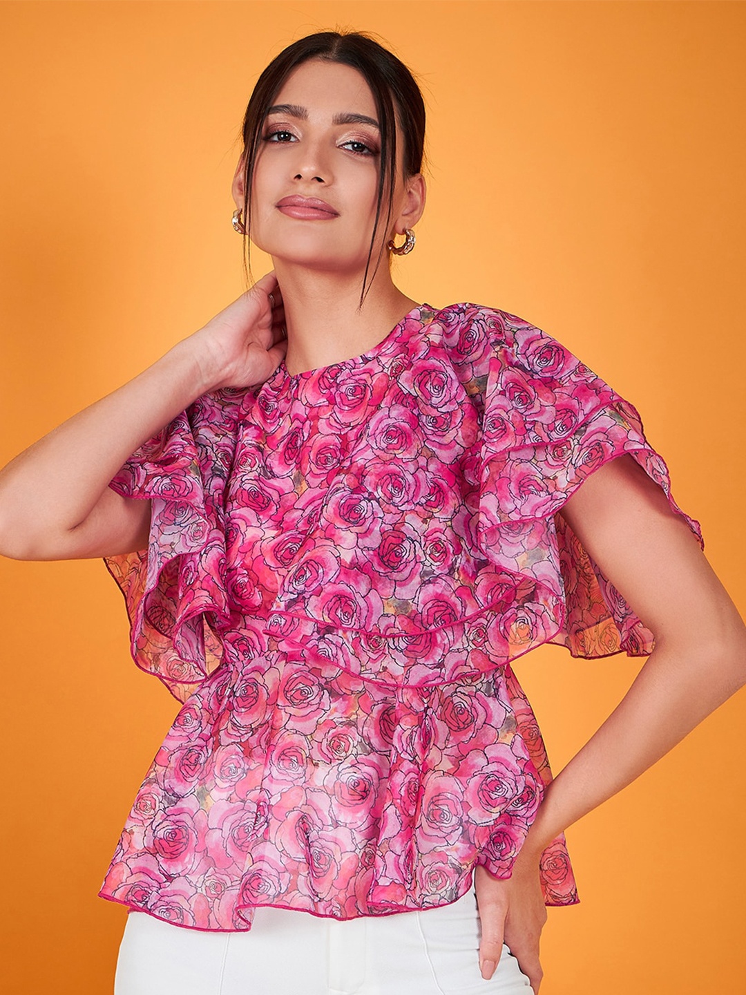 

KASSUALLY Pink Floral Printed Flutter Sleeves Peplum Top