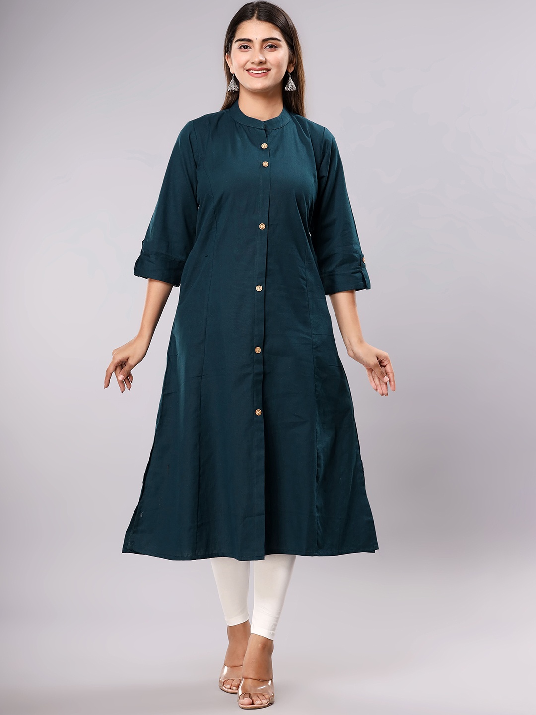 

ADORRO Mandarin Collar A-Line Cotton Kurta, Teal